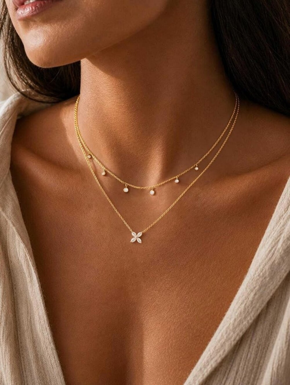 Layered Necklace Dainty Gold  Stack 14k Gold Plated CZ Choker Non Tarnish
